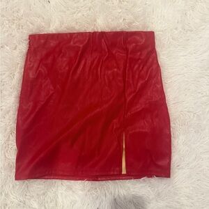 Faux Leather Red Mini Skirt with small slit